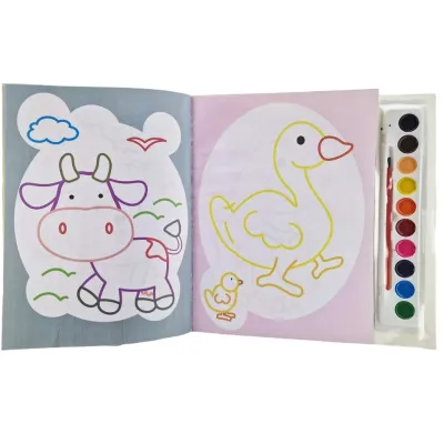 Malý maliarik - Na farme. Omaľovánka so štetcom a farbami.