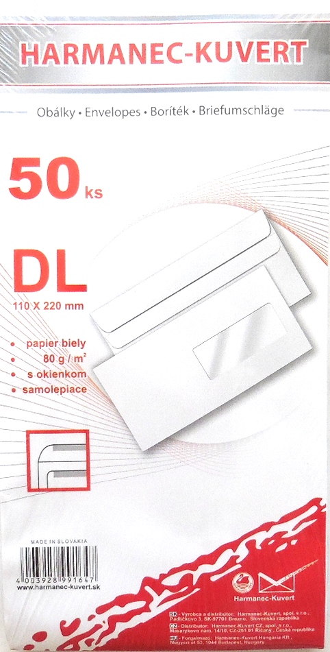 Poštové obálky  DL okienko 3T05B3/50ks samolep páska.balíčkové
