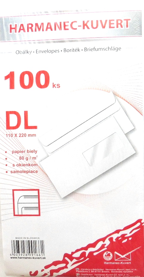 Poštové obálky  DL okienko 2T05B3/100ks samolep balíčkové